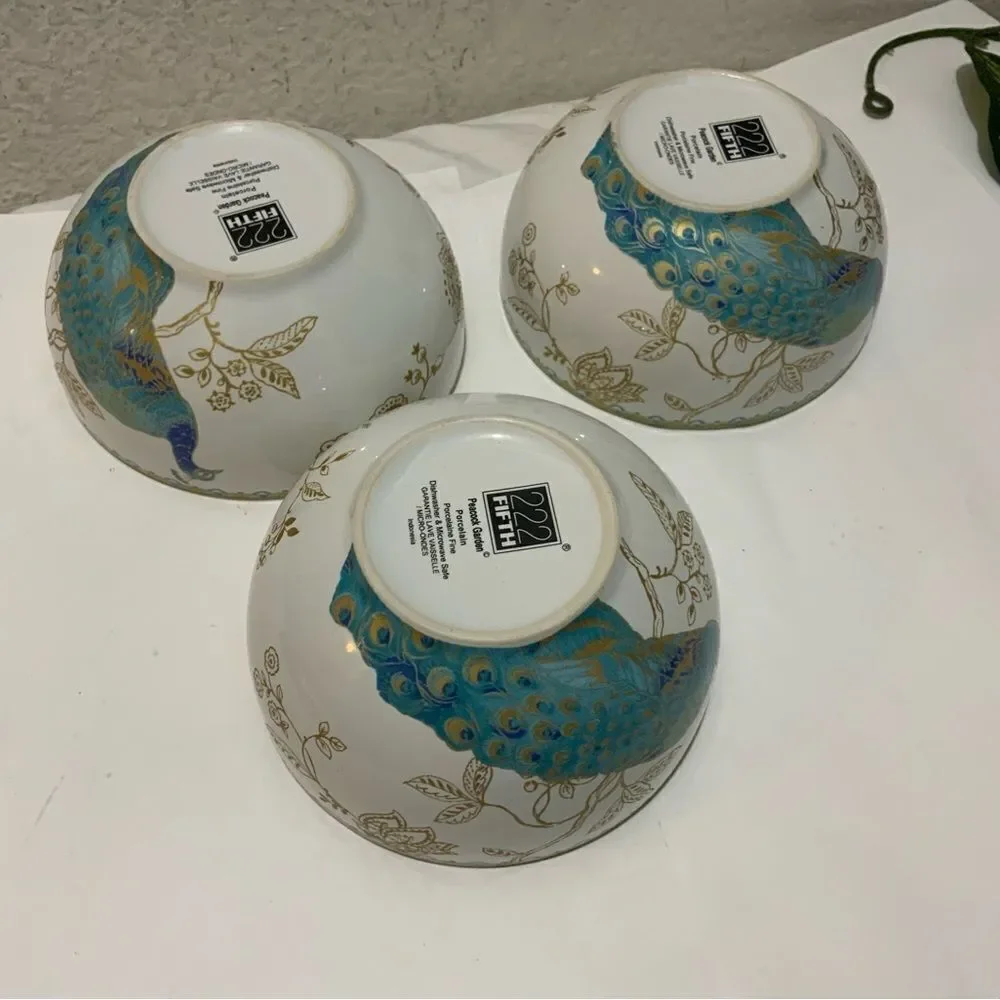 Set of 3; 222 Fifth Peacock Garden 5.5” Cereal Soup Bowls Fine China G14